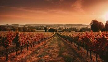 puesta de sol terminado viñedo en tranquilo napa valle, cosecha otoño uvas generado por ai foto