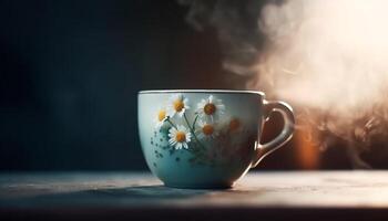 Fresco café en rústico jarra en de madera mesa, rodeado por naturaleza generado por ai foto