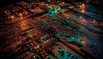 Complex circuit board glows yellow in futuristic computer equipment close up generated by AI photo