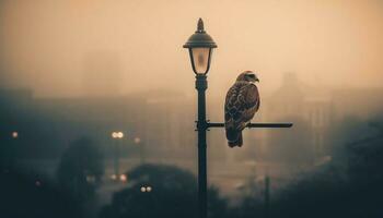 un majestuoso halcón encaramado en un árbol a crepúsculo generado por ai foto