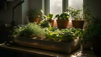 Fresh green seedling in flower pot grows indoors by window generated by AI photo