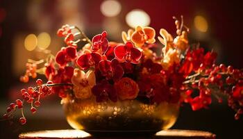 A vibrant bouquet of multi colored flowers illuminates the rustic table generated by AI photo