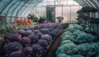 Fresh organic blossoms in a row at plant nursery industry generated by AI photo