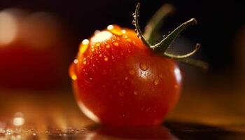 Juicy strawberry drop reflects vibrant nature freshness on clean table generated by AI photo