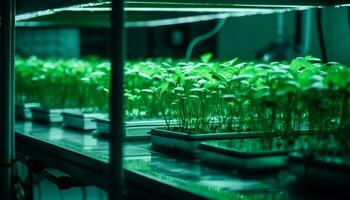 científico experimentar muestra crecimiento de Fresco plántulas en invernadero industria generado por ai foto