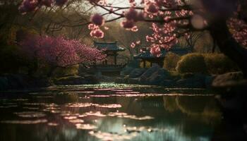 Cherry blossom tree reflects in tranquil pond, Japanese culture beauty generated by AI photo