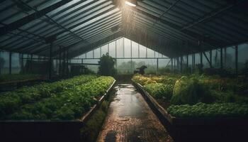 uno persona trabajando en un invernadero, creciente Fresco orgánico Tomates generado por ai foto