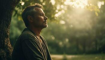 One man standing in solitude, looking at beauty in nature generated by AI photo