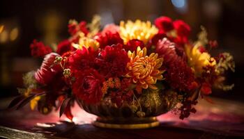 un todavía vida composición de un vistoso ramo de flores en mesa generado por ai foto