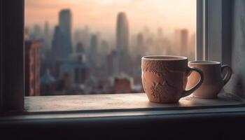 Looking through window, cityscape sunset, coffee cup on sill generated by AI photo