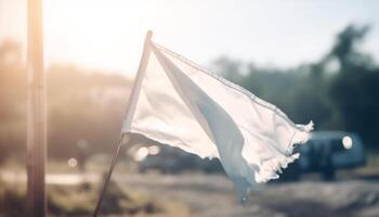 Wind blown flag symbolizes patriotism in beautiful mountain landscape generated by AI photo