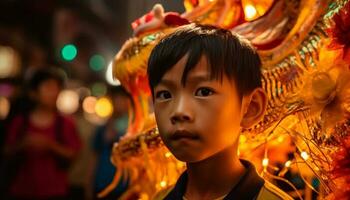 linda chino Niños jugando debajo iluminado árbol a nuevo año celebracion generado por ai foto