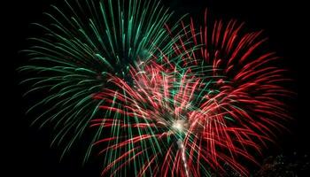 vibrante fuegos artificiales iluminar oscuro julio cielo en explosivo celebracion evento generado por ai foto