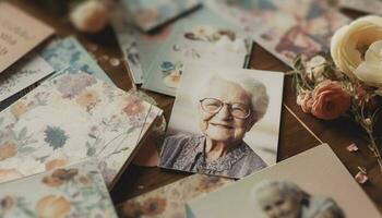 Cheerful senior women enjoy art and craft, holding photo album generated by AI