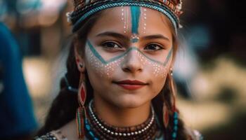 Smiling young adult woman embraces indigenous culture with traditional clothing generated by AI photo