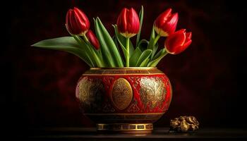 A vase of fresh tulips, a gift of nature elegance generated by AI photo