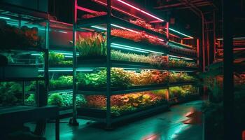 Fresh seafood and organic vegetables on modern supermarket shelves indoors generated by AI photo