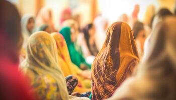 A crowded celebration of cultures, religions, and lifestyles enjoying music generated by AI photo