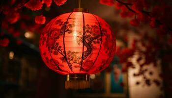 Chinese lantern glowing in the night, symbol of traditional festival generated by AI photo