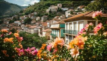 The old cottage on the cliff overlooks the idyllic coastline generated by AI photo