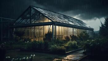 Organic growth thrives in modern greenhouse, illuminated by spooky dusk generated by AI photo