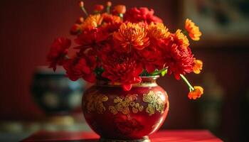 A beautiful bouquet of multi colored flowers in an ornate vase generated by AI photo