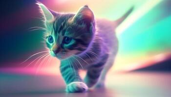 Charming kitten with bright yellow eyes playing in dark studio generated by AI photo