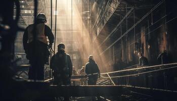 Silhouettes of construction workers walking in the back lit city generated by AI photo