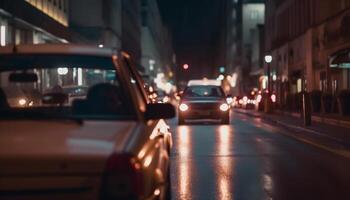 conducción mediante el ciudad a noche, un moderno coche cola ligero brillante generado por ai foto