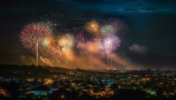 explosivo fuegos artificiales iluminar ciudad horizonte en vibrante celebracion de cuarto de julio generado por ai foto
