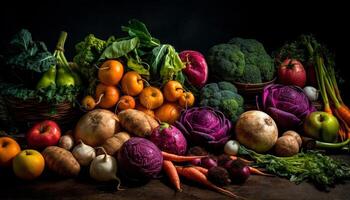 Fresh vegetables and fruits in a healthy autumn harvest basket generated by AI photo