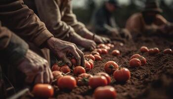 Mature adults and farmers working together, picking fresh organic vegetables generated by AI photo