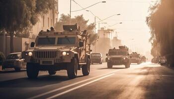 Fire engine speeds through city streets, rescuing from burning buildings generated by AI photo