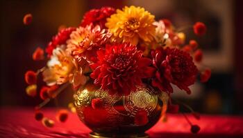 A vibrant bouquet of multi colored flowers in an ornate vase generated by AI photo