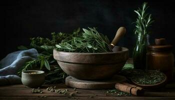 Fresh organic herbs and spices in rustic wooden bowl generated by AI photo