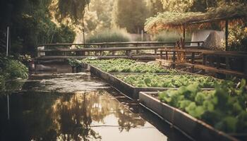 cosecha Fresco orgánico vegetales desde el granja en otoño puesta de sol generado por ai foto