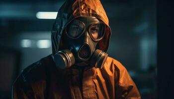 Caucasian scientist in protective suit working in spooky chemical factory generated by AI photo