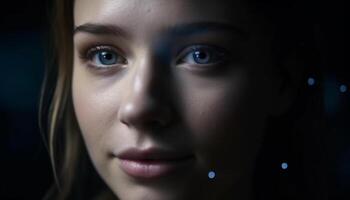 uno joven mujer, con azul ojos y largo marrón cabello, sonriente generado por ai foto