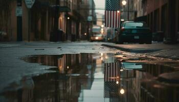 el ciudad la vida nocturna ilumina el mojado calles con borroso movimiento generado por ai foto