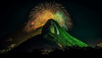 explorador el majestuoso montaña cima, iluminado por brillante lechoso camino generado por ai foto