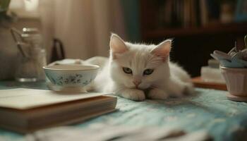 A cute kitten resting on a table, reading literature peacefully generated by AI photo