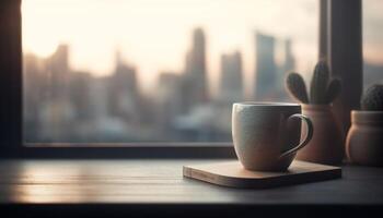 moderno café tienda diseño con paisaje urbano antecedentes y de madera escritorio generado por ai foto