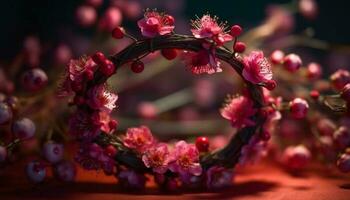 un hermosa ramo de flores de rosado flores en un de madera mesa generado por ai foto