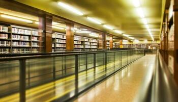 dentro un moderno biblioteca, filas de estantería desaparecer dentro perspectiva generado por ai foto