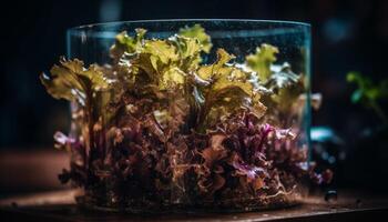 Fresh seafood salad on wooden table, surrounded by nature colors generated by AI photo