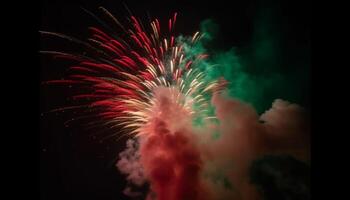 July 4th party igniting explosive firework display, vibrant colors glowing generated by AI photo