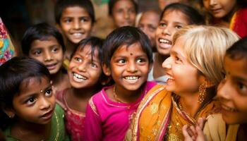 A cheerful group of Indian school children smiling for portrait generated by AI photo