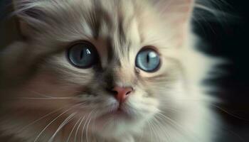 Cute Persian kitten staring with blue eyes, fluffy fur, playful curiosity generated by AI photo