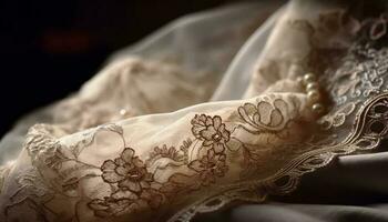 Silk satin wedding dress with ornate lace and embroidery decoration generated by AI photo