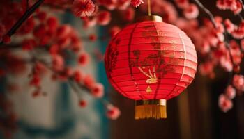 Ornate paper lanterns illuminate traditional Chinese celebration in Chinatown generated by AI photo